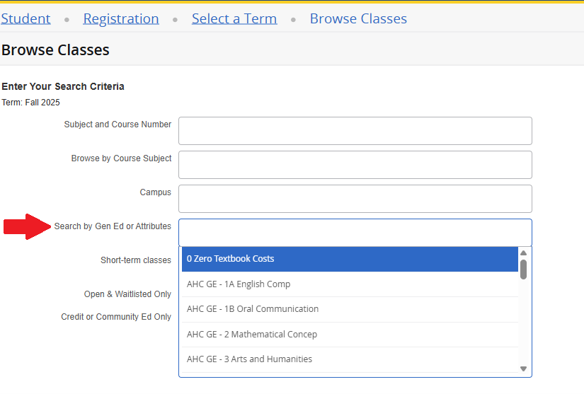 Drop down menu in class search with "0 Zero Textbook Costs" highlighted 